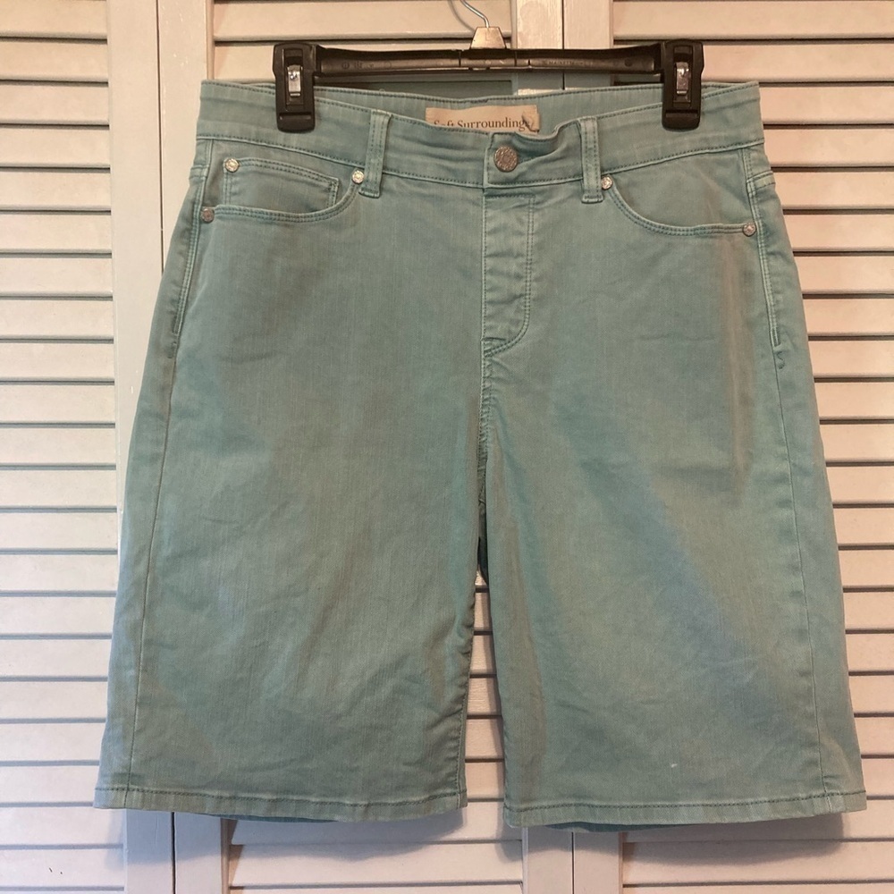 Soft Surroundings Stretch High Rise Bermuda Shorts Blue Denim Size Small